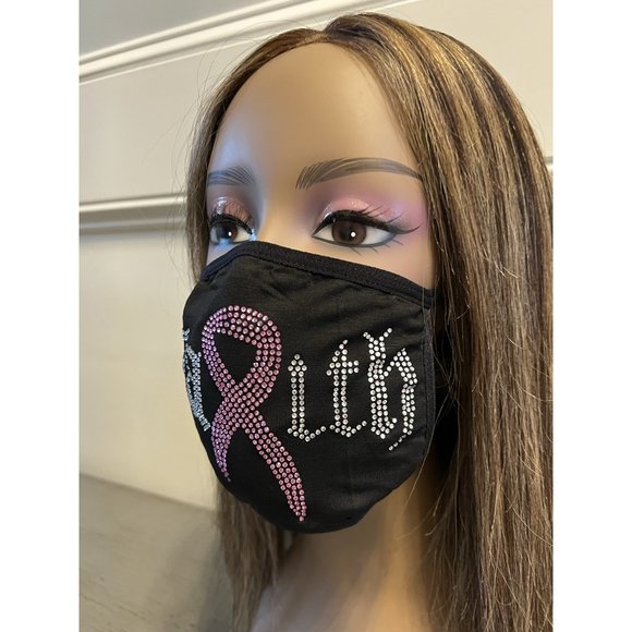 Breast Cancer Awareness Pink Ribbon Bling Face Mask Rhinestone - Picture 9 of 10